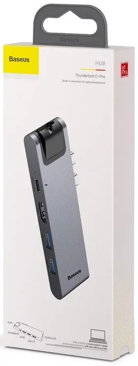 Baseus Duel USB C Hub 7in1, Adapter with 4k HDMI, USB C, USB 3.0, TF/SD Card Reader RJ45, for MacBook